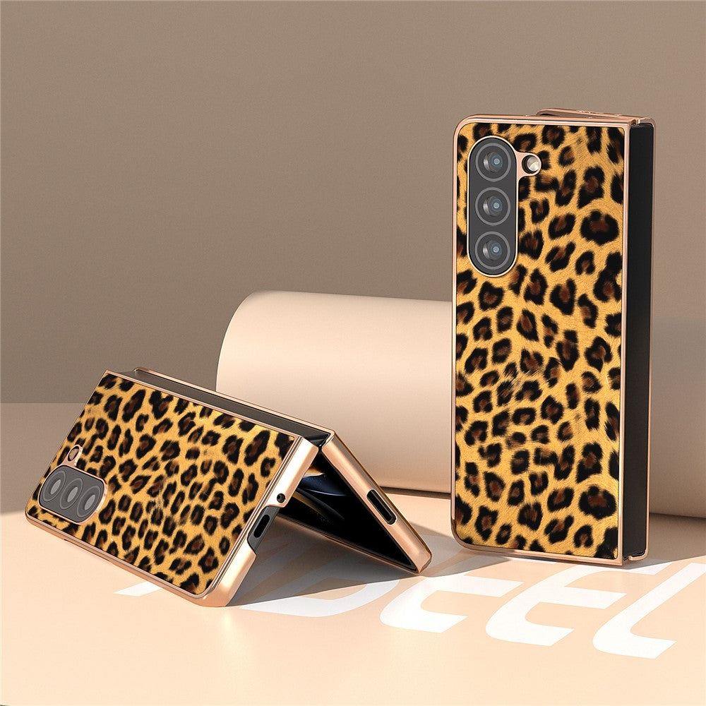 For Samsung Galaxy Z Fold5 5G Leopard Pattern PU+Hard PC Case Nano Electroplating Protective Phone Cover