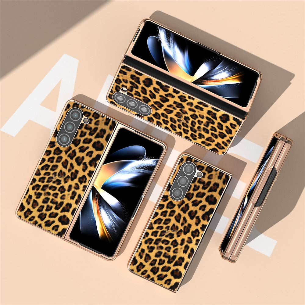 For Samsung Galaxy Z Fold5 5G Leopard Pattern PU+Hard PC Case Nano Electroplating Protective Phone Cover