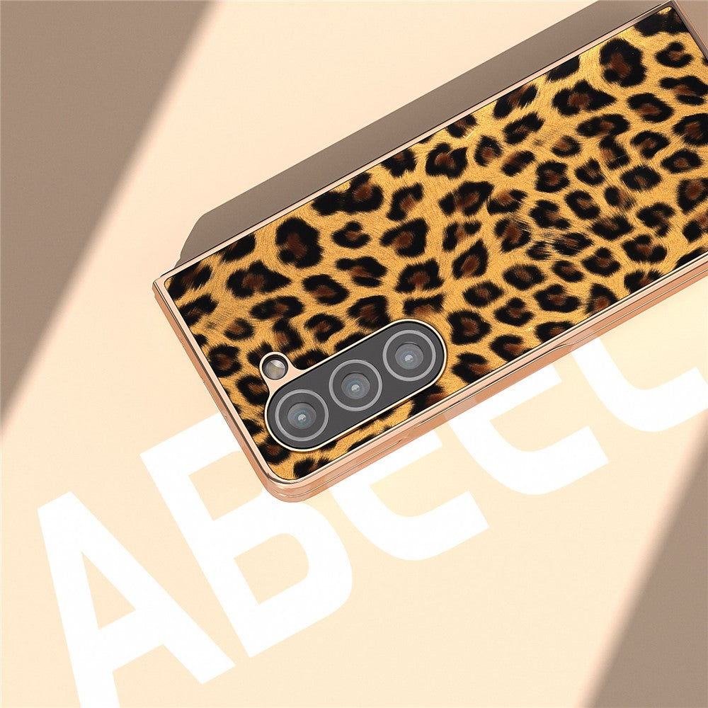 For Samsung Galaxy Z Fold5 5G Leopard Pattern PU+Hard PC Case Nano Electroplating Protective Phone Cover