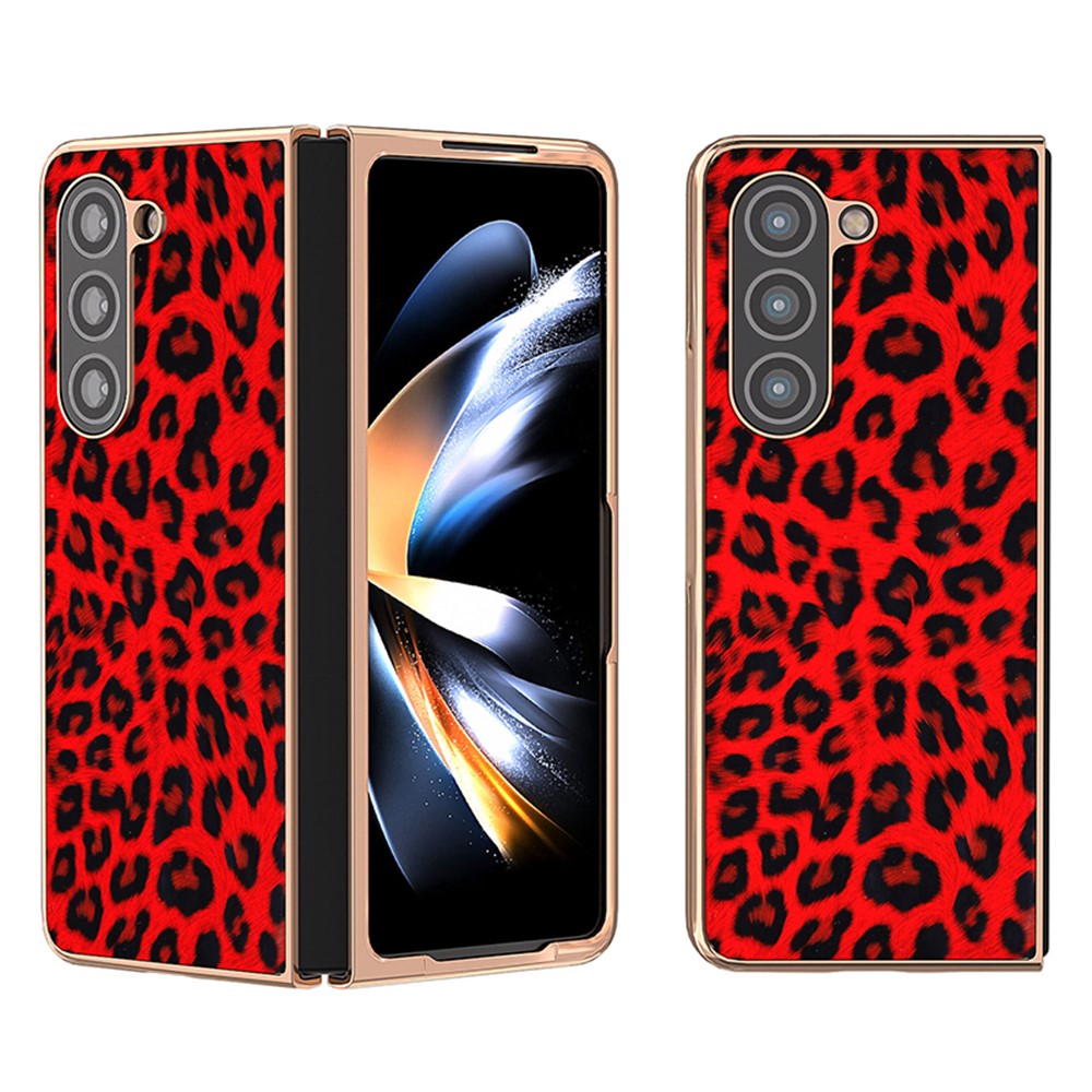 For Samsung Galaxy Z Fold5 5G Leopard Pattern PU+Hard PC Case Nano Electroplating Protective Phone Cover