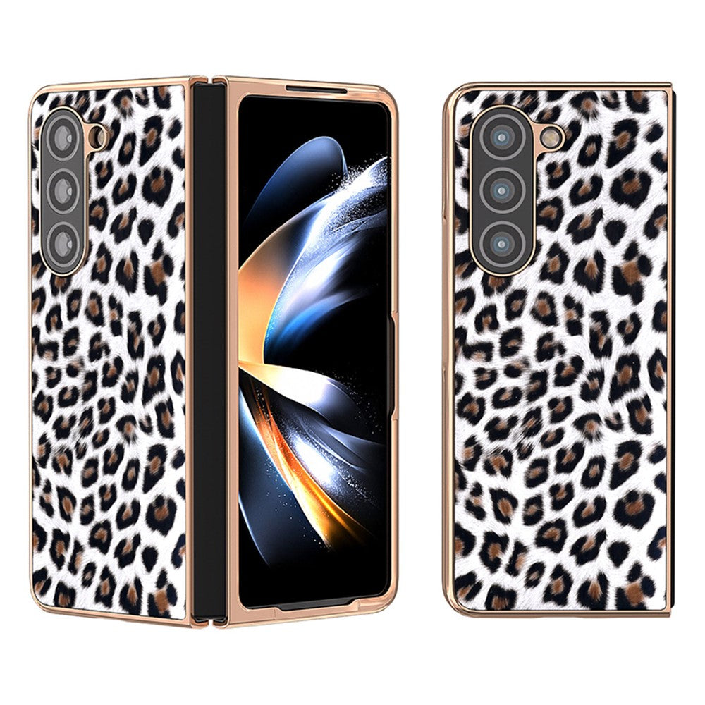 For Samsung Galaxy Z Fold5 5G Leopard Pattern PU+Hard PC Case Nano Electroplating Protective Phone Cover
