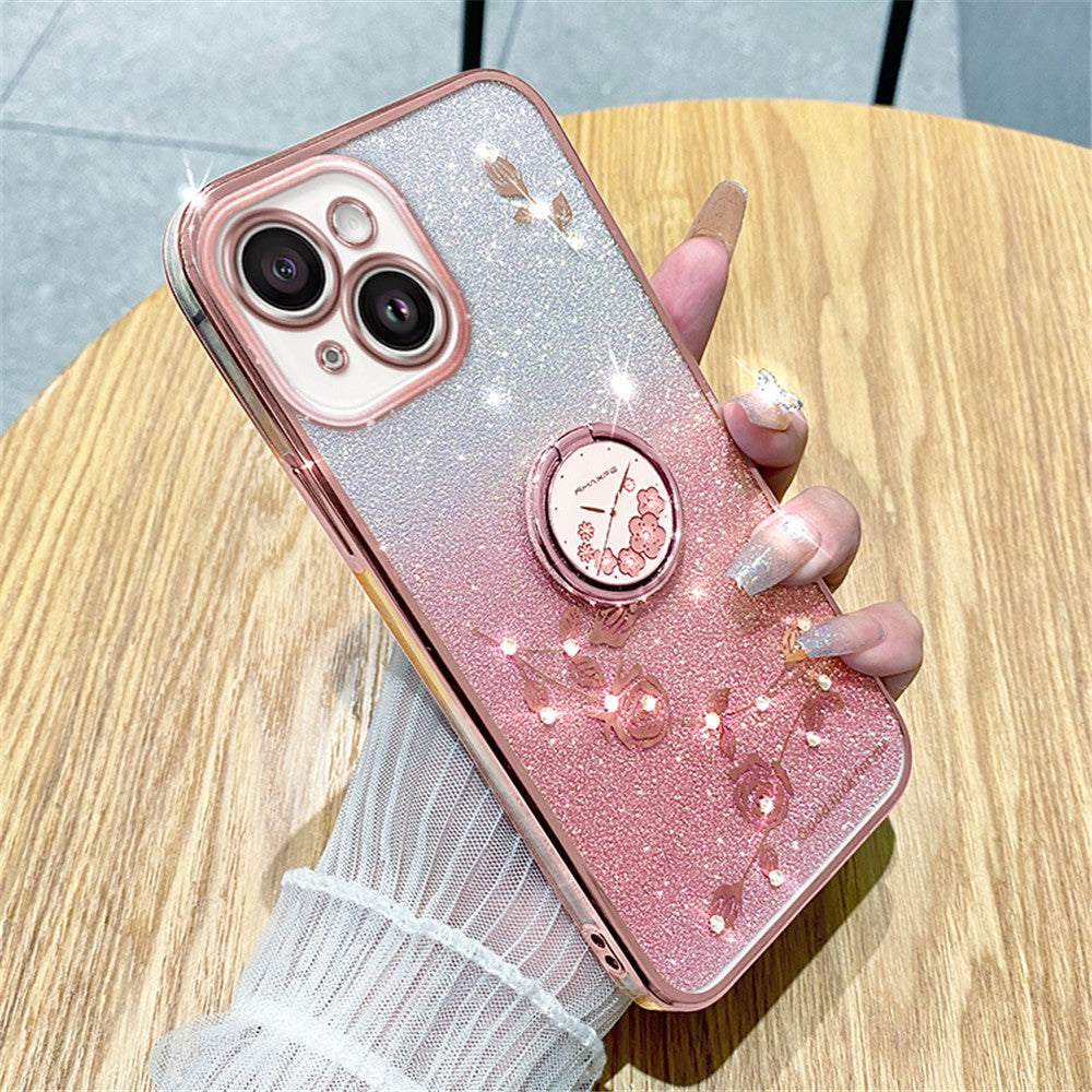 KADEM Cellphone Guard Case for iPhone 13 mini 5.4 inch , Ring Kickstand Flower Pattern Glitter TPU Cover