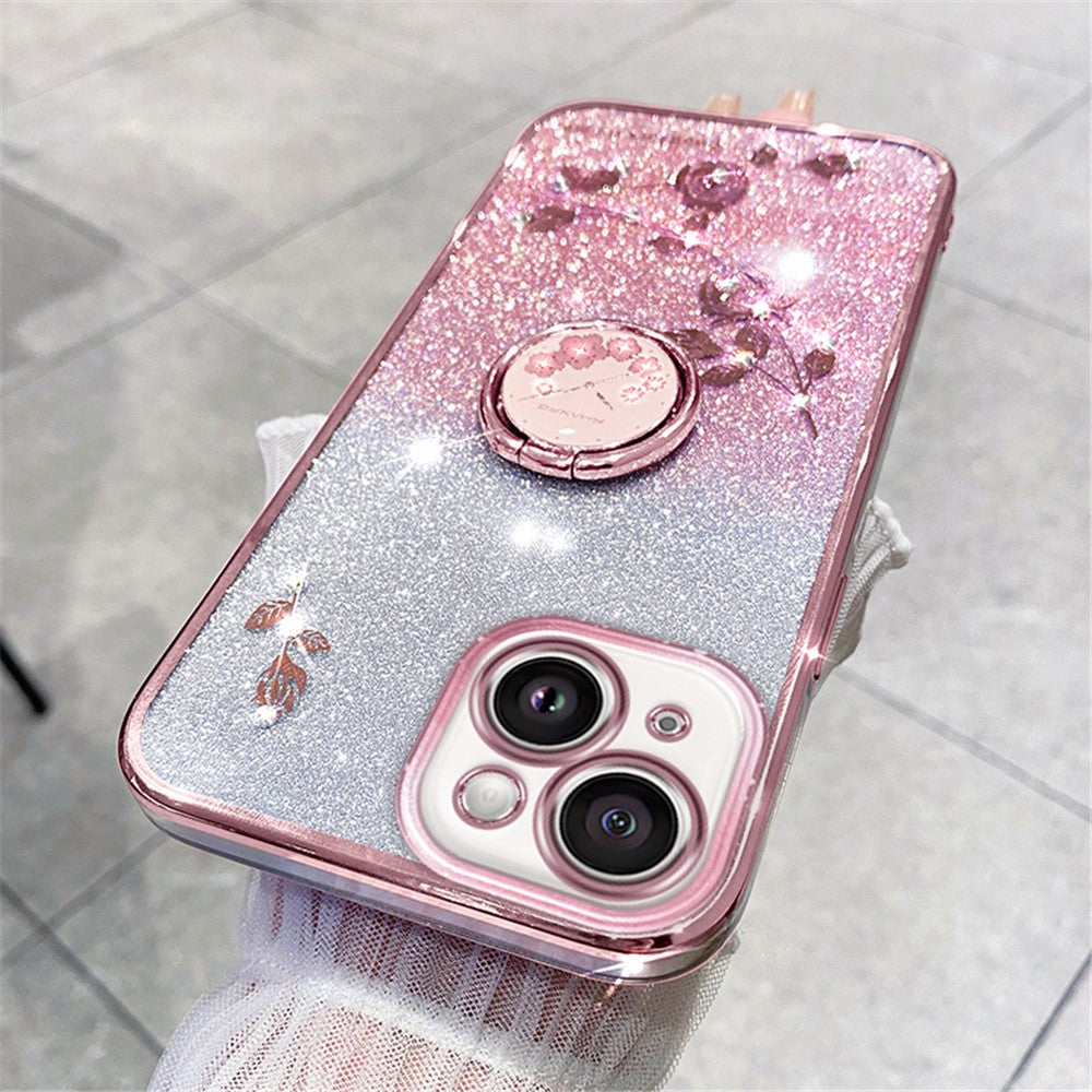 KADEM Cellphone Guard Case for iPhone 13 mini 5.4 inch , Ring Kickstand Flower Pattern Glitter TPU Cover