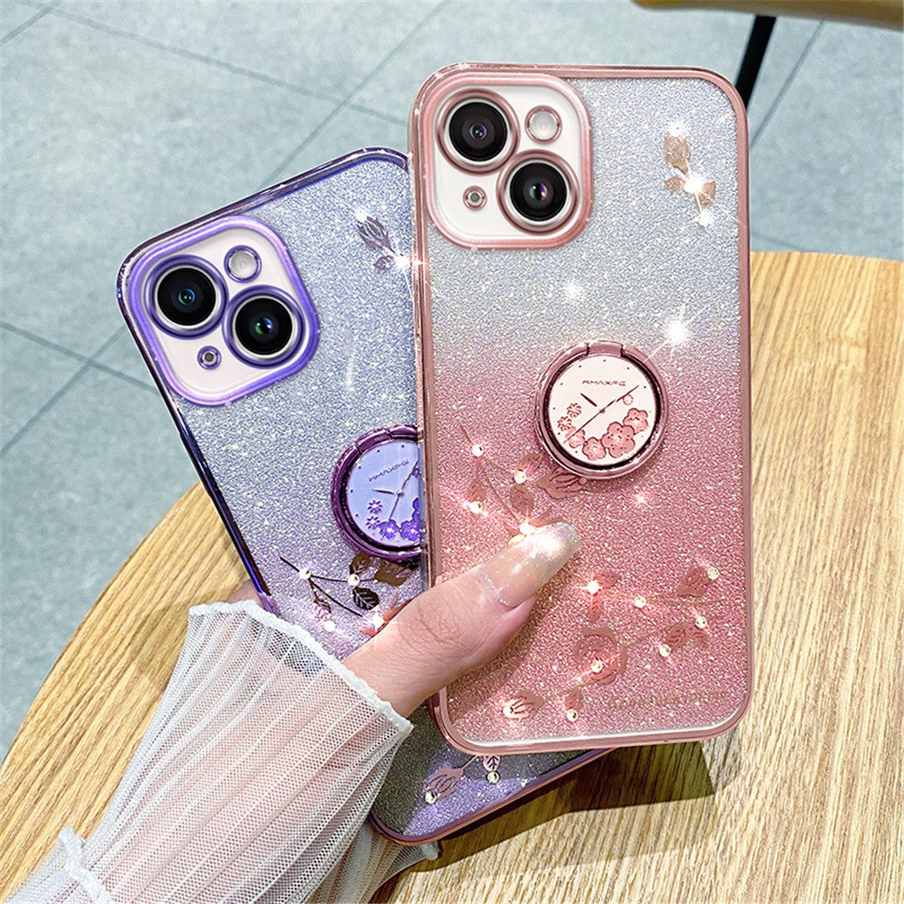KADEM Cellphone Guard Case for iPhone 13 mini 5.4 inch , Ring Kickstand Flower Pattern Glitter TPU Cover
