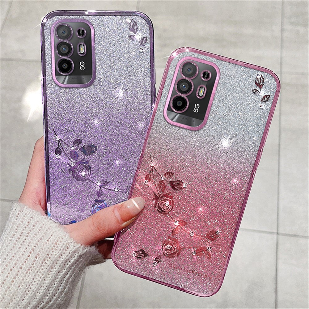 KADEM För Oppo A95 5G / F19 Pro+ 5G / Reno5 Z / A94 5G TPU Reptåligt Skal Strass Blomma Glitter Gradient mobilskal
