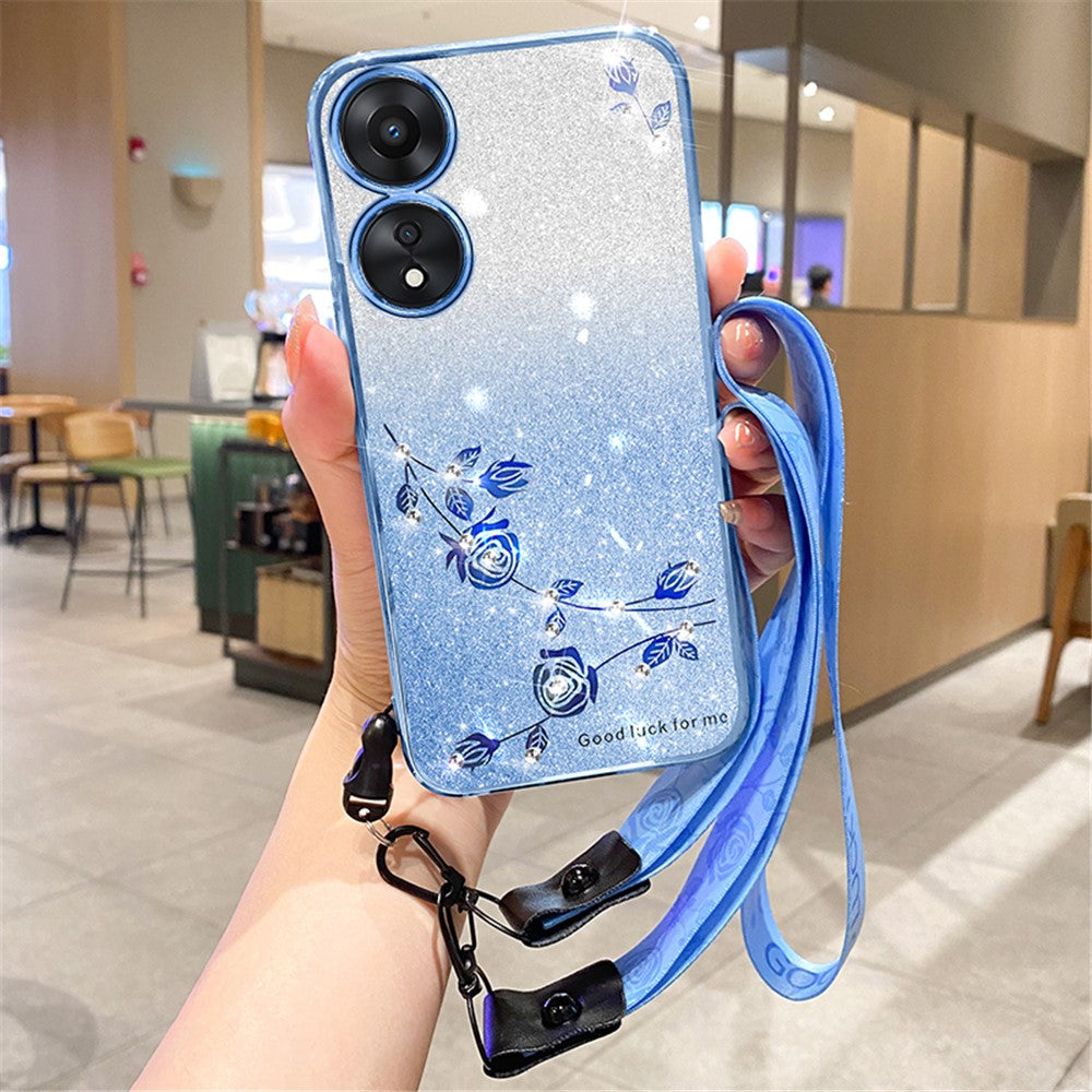 KADEM For Oppo A58 5G / A58x 5G / A78 5G / A1x 5G Protective Shell Glitter Rhinestone Decor Flower Design TPU Smartphone Case with Strap