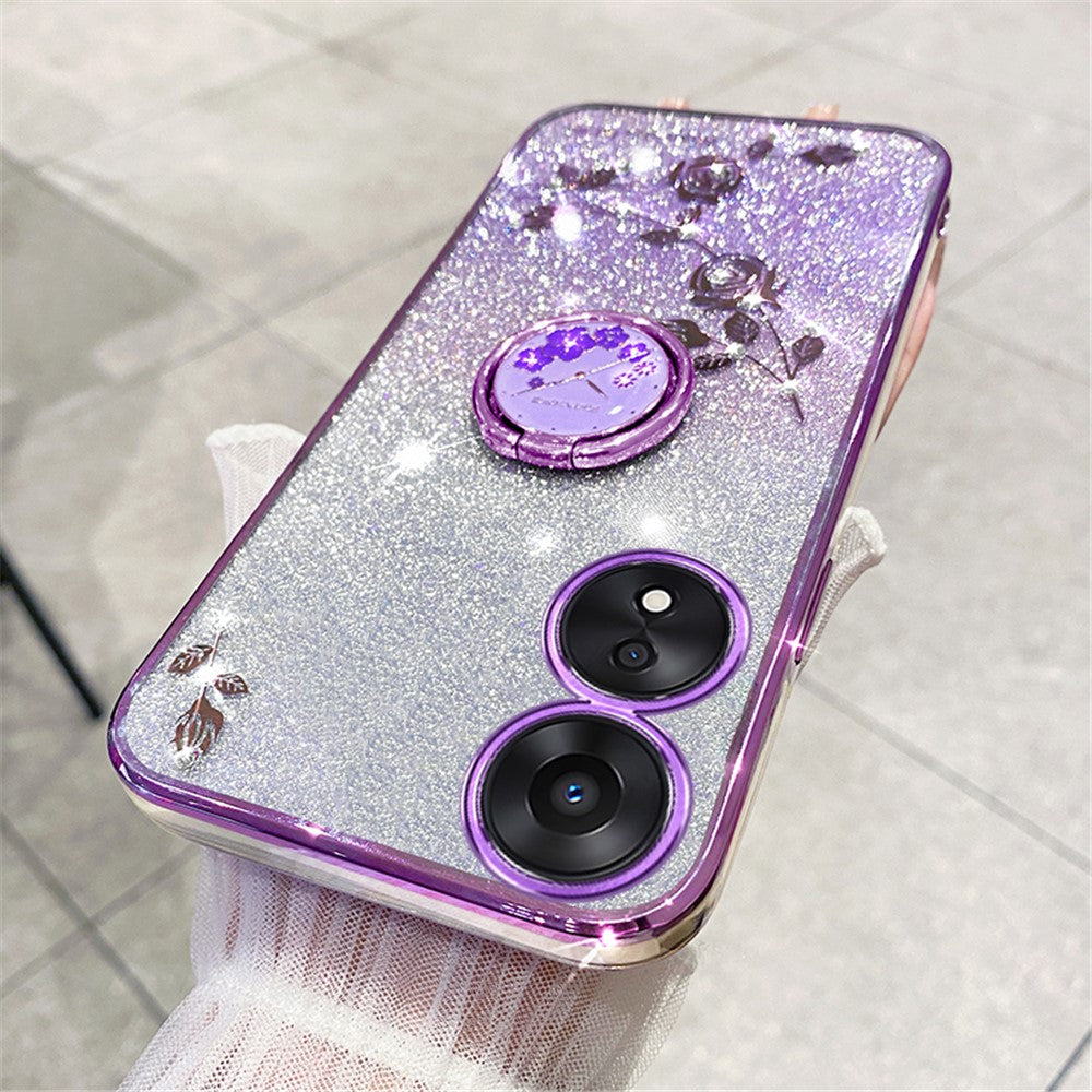 KADEM For Oppo A17 4G / A17k 4G Flower Pattern Glitter TPU Cover Ring Kickstand Shockproof Phone Case