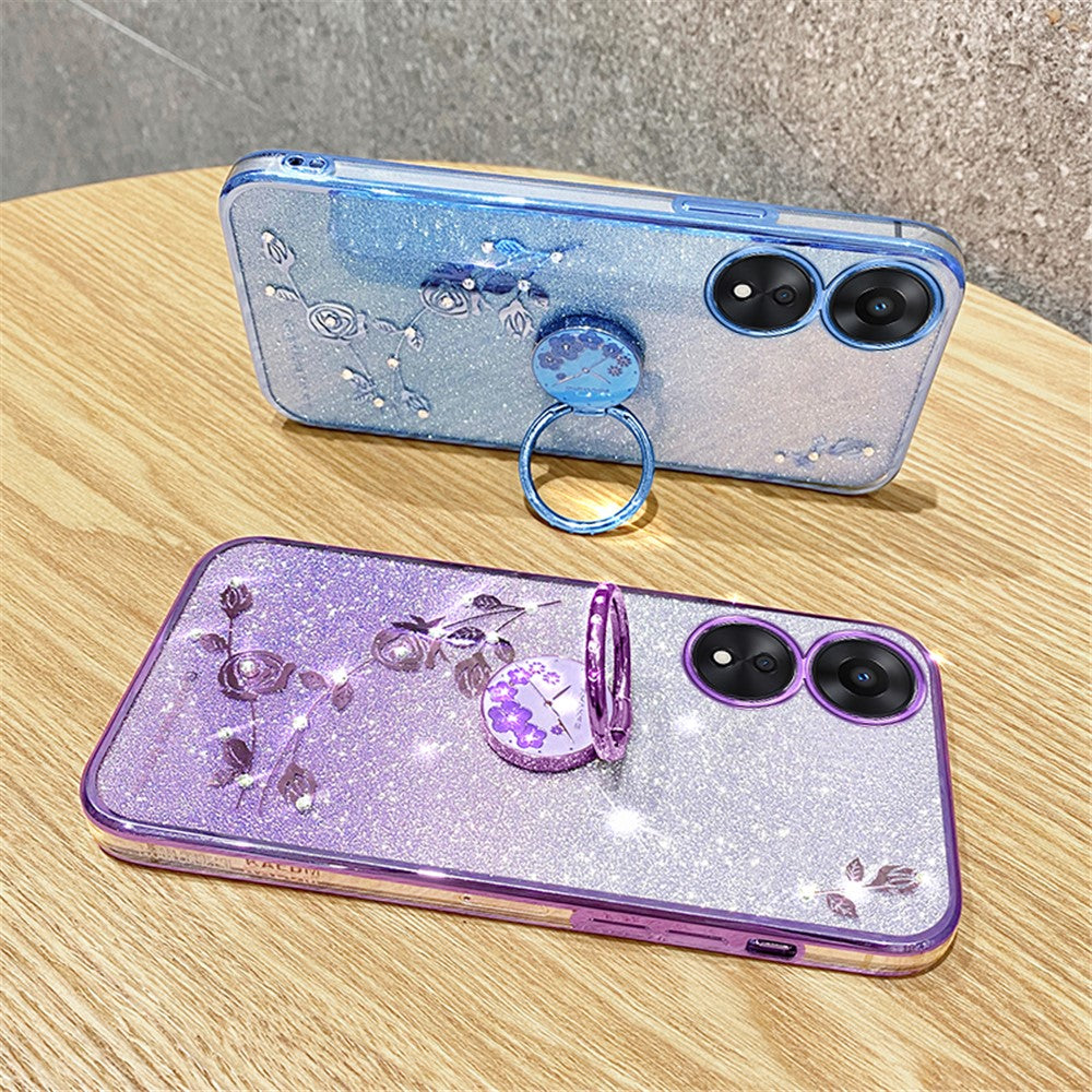 KADEM For Oppo A17 4G / A17k 4G Flower Pattern Glitter TPU Cover Ring Kickstand Shockproof Phone Case