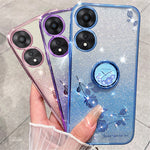 KADEM For Oppo A17 4G / A17k 4G Flower Pattern Glitter TPU Cover Ring Kickstand Shockproof Phone Case