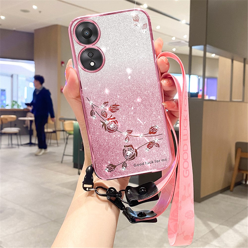 KADEM For Oppo A17 4G / A17k 4G Shockproof Glitter Rhinestone Decor Flower TPU Back Case Strap Design Phone Shell