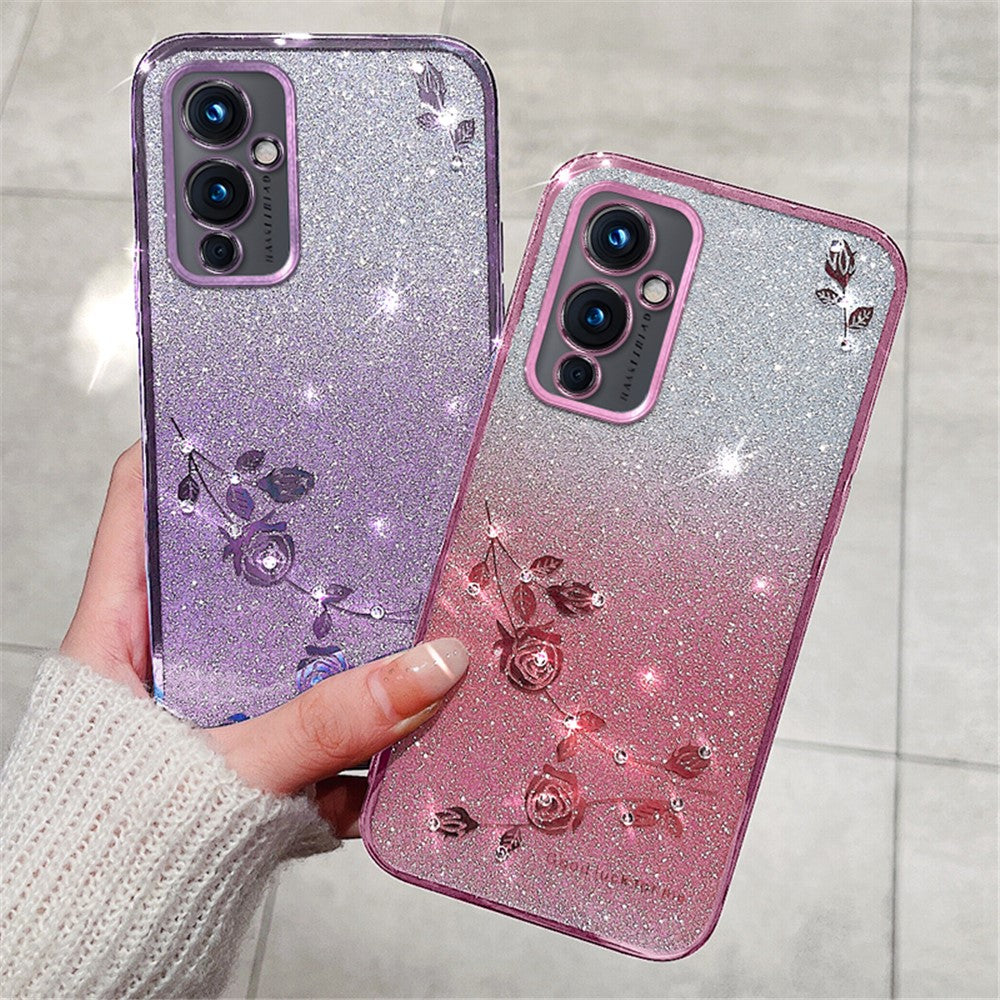 KADEM För OnePlus 9 (EU / US-version) Gradient TPU Reptåligt Skal Strass Blomma Glitter mobilskal