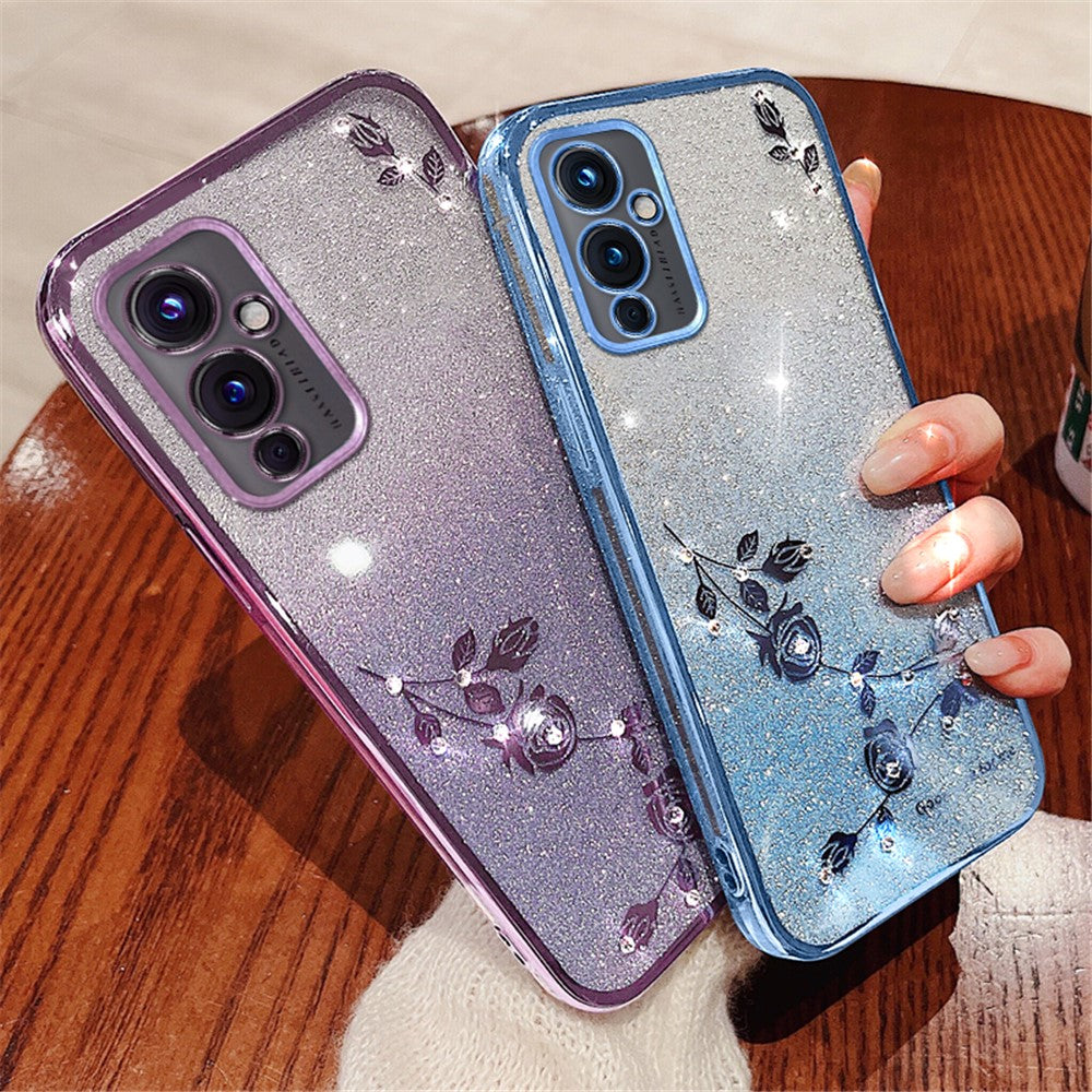 KADEM För OnePlus 9 (EU / US-version) Gradient TPU Reptåligt Skal Strass Blomma Glitter mobilskal