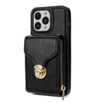 For iPhone 15 Pro Max Zipper Pocket Card Holder Case Kickstand PU Leather + TPU Phone Cover with Shoulder Strap