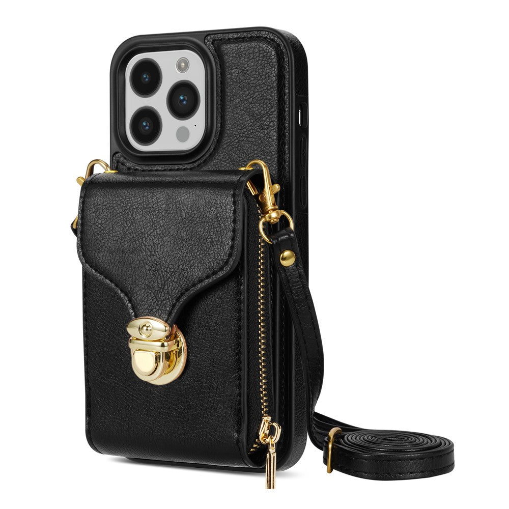 For iPhone 15 Pro Max Zipper Pocket Card Holder Case Kickstand PU Leather + TPU Phone Cover with Shoulder Strap