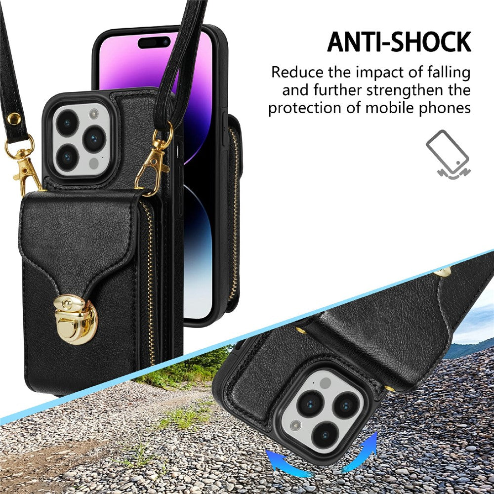 For iPhone 15 Pro Max Zipper Pocket Card Holder Case Kickstand PU Leather + TPU Phone Cover with Shoulder Strap