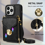For iPhone 15 Pro Max Zipper Pocket Card Holder Case Kickstand PU Leather + TPU Phone Cover with Shoulder Strap