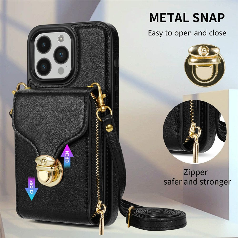 For iPhone 15 Pro Max Zipper Pocket Card Holder Case Kickstand PU Leather + TPU Phone Cover with Shoulder Strap