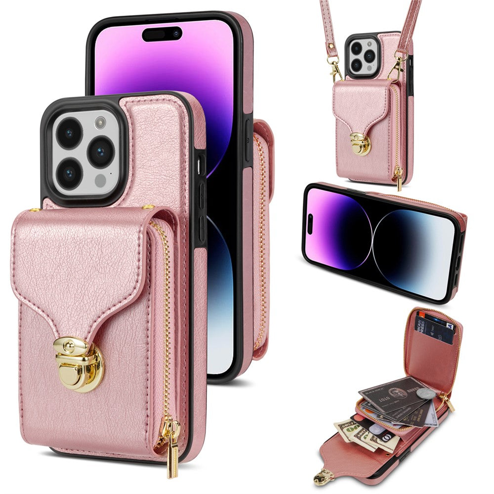 For iPhone 15 Pro Max Zipper Pocket Card Holder Case Kickstand PU Leather + TPU Phone Cover with Shoulder Strap