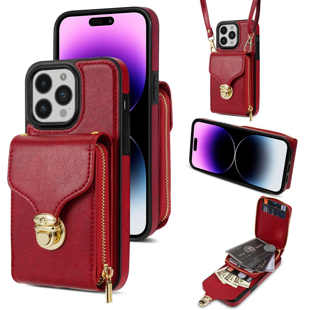 For iPhone 15 Pro Max Zipper Pocket Card Holder Case Kickstand PU Leather + TPU Phone Cover with Shoulder Strap