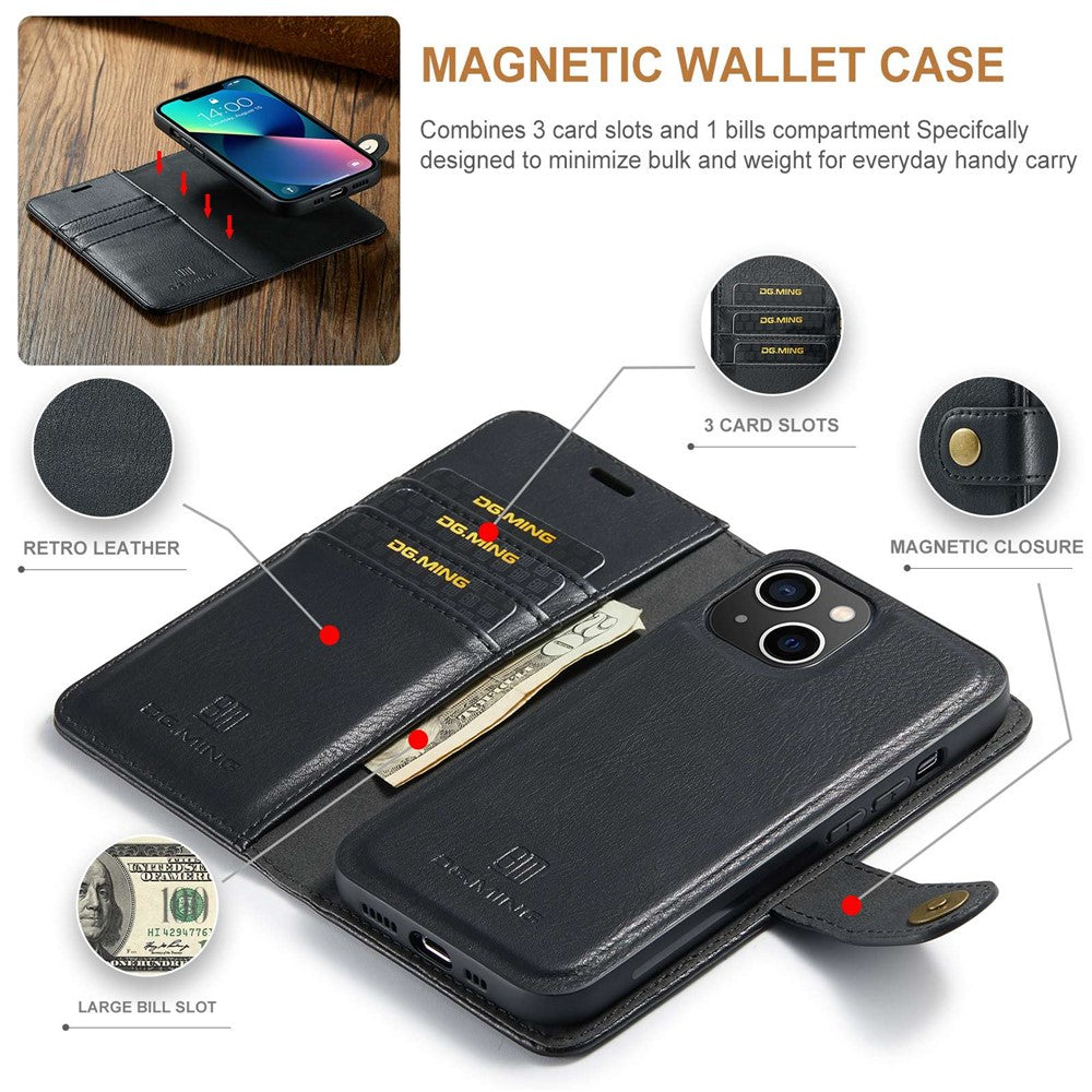 DG.MING for iPhone 15 Plus Detachable Magnetic Phone Case Anti-Drop Split Leather Wallet Stand Case