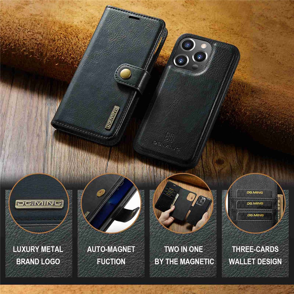 DG.MING For iPhone 15 Pro Phone Case Shockproof Split Leather Detachable Magnetic Phone Shell Wallet Stand Cover