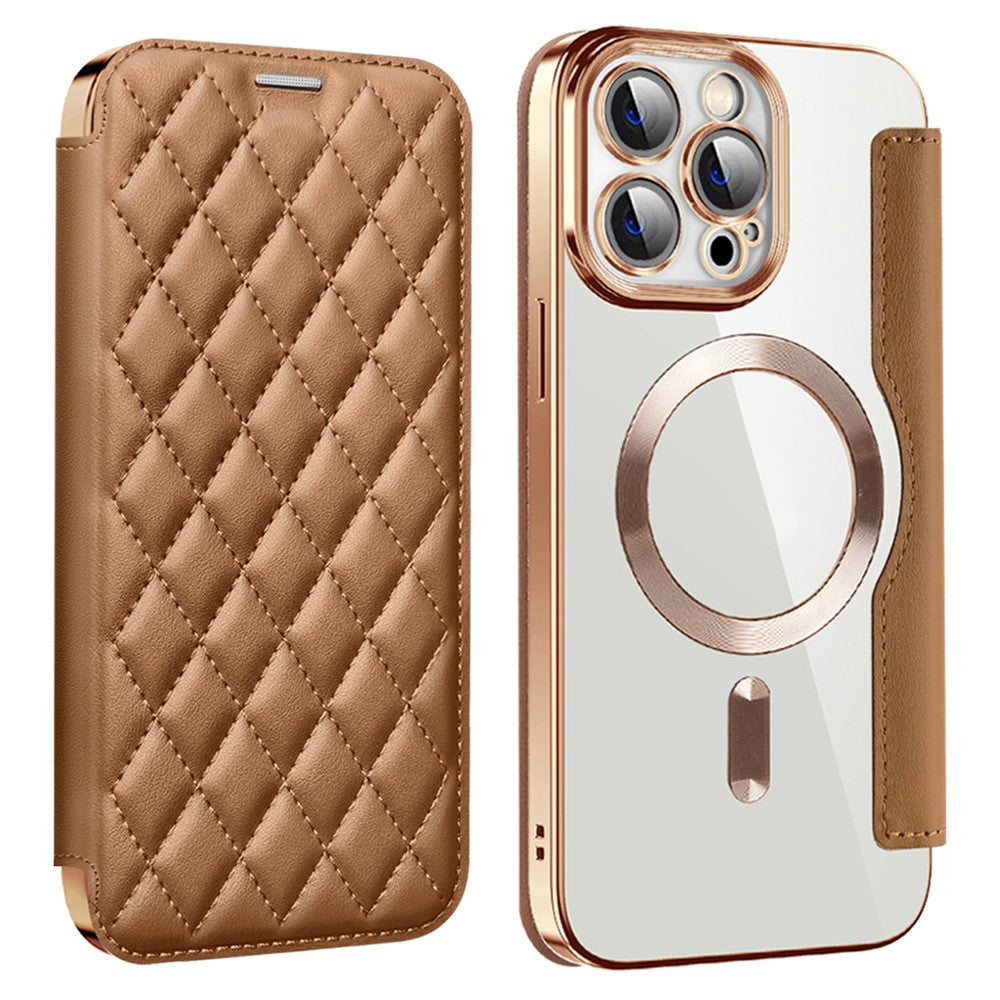 For iPhone 11 Pro Max RFID Blocking Anti Fall Cover with Lens Film Rhombus Leather Card Holder Case Compatible with MagSafe