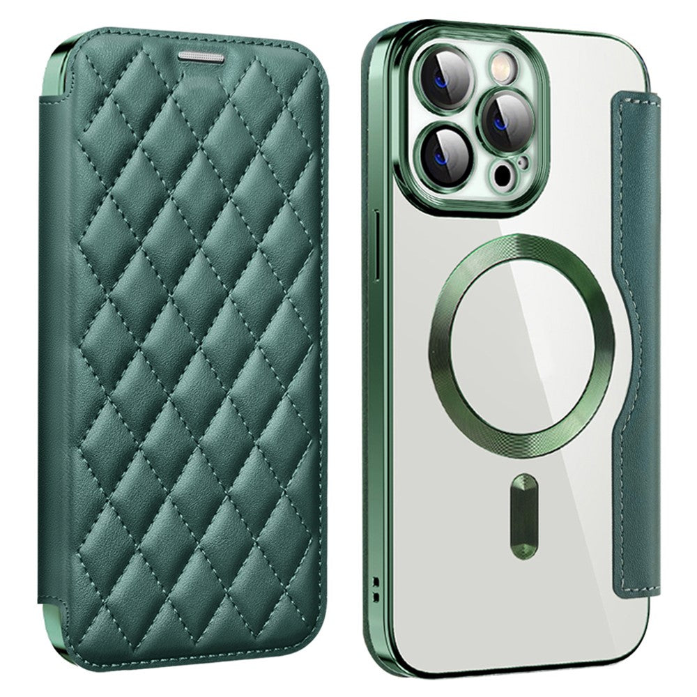For iPhone 11 Pro Max RFID Blocking Anti Fall Cover with Lens Film Rhombus Leather Card Holder Case Compatible with MagSafe