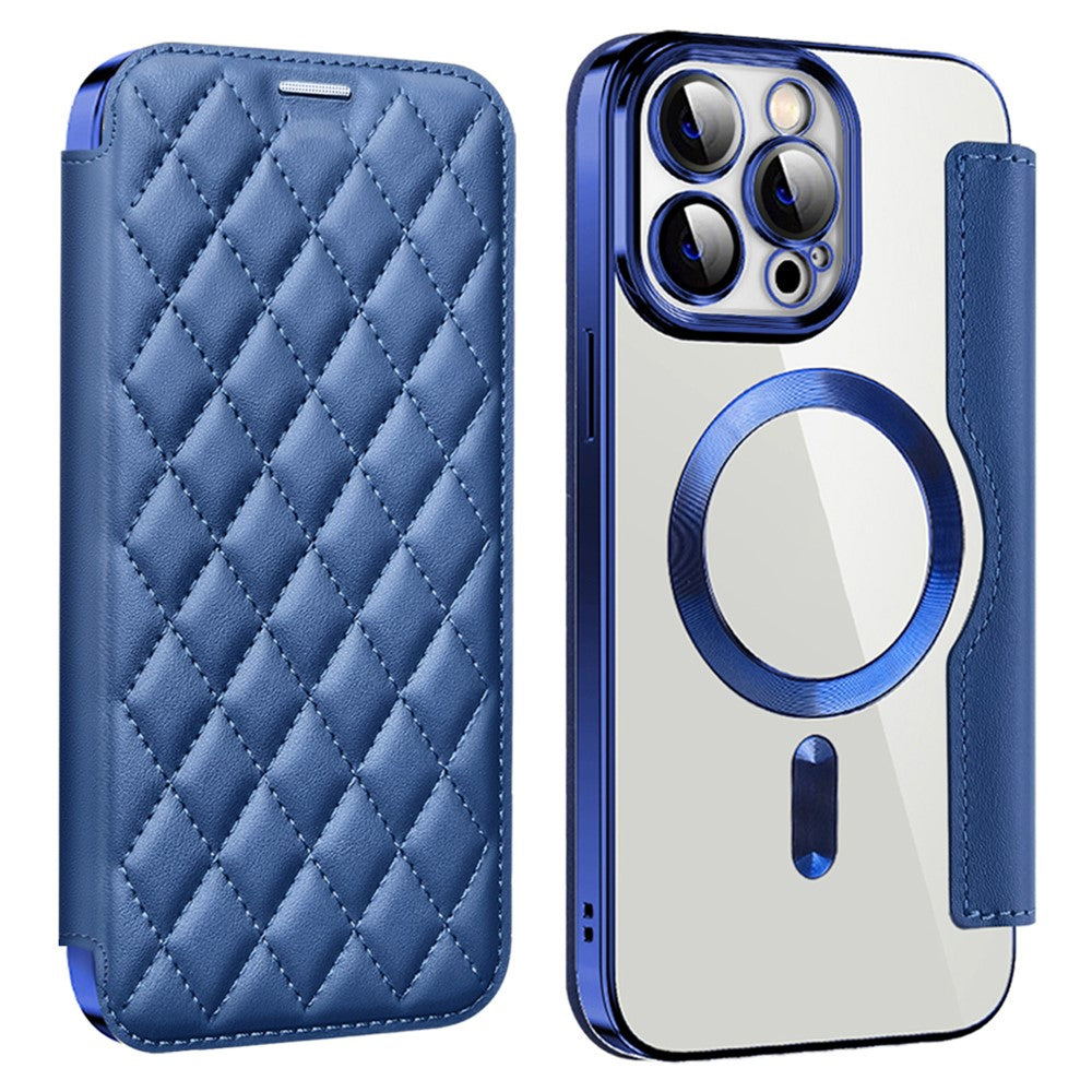 For iPhone 11 Pro Max RFID Blocking Anti Fall Cover with Lens Film Rhombus Leather Card Holder Case Compatible with MagSafe
