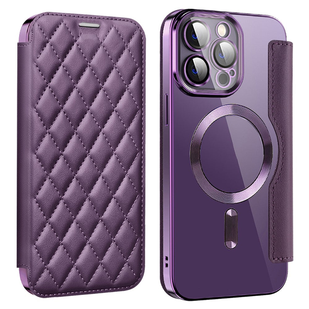 For iPhone 11 Pro Max RFID Blocking Anti Fall Cover with Lens Film Rhombus Leather Card Holder Case Compatible with MagSafe