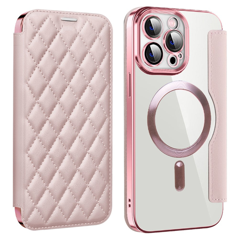 For iPhone 11 Pro Max RFID Blocking Anti Fall Cover with Lens Film Rhombus Leather Card Holder Case Compatible with MagSafe