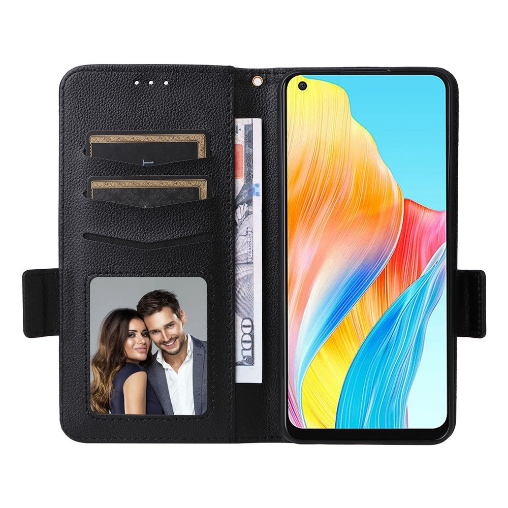 For Oppo A78 4G Litchi Texture Wallet Phone Shell PU Leather Stand Cellphone Cover with Strap