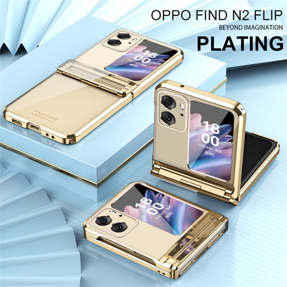 For Oppo Find N2 Flip 5G Hard PC Electroplating Phone Case Clear Protective Cover with Tempered Glass Rear Screen Protector