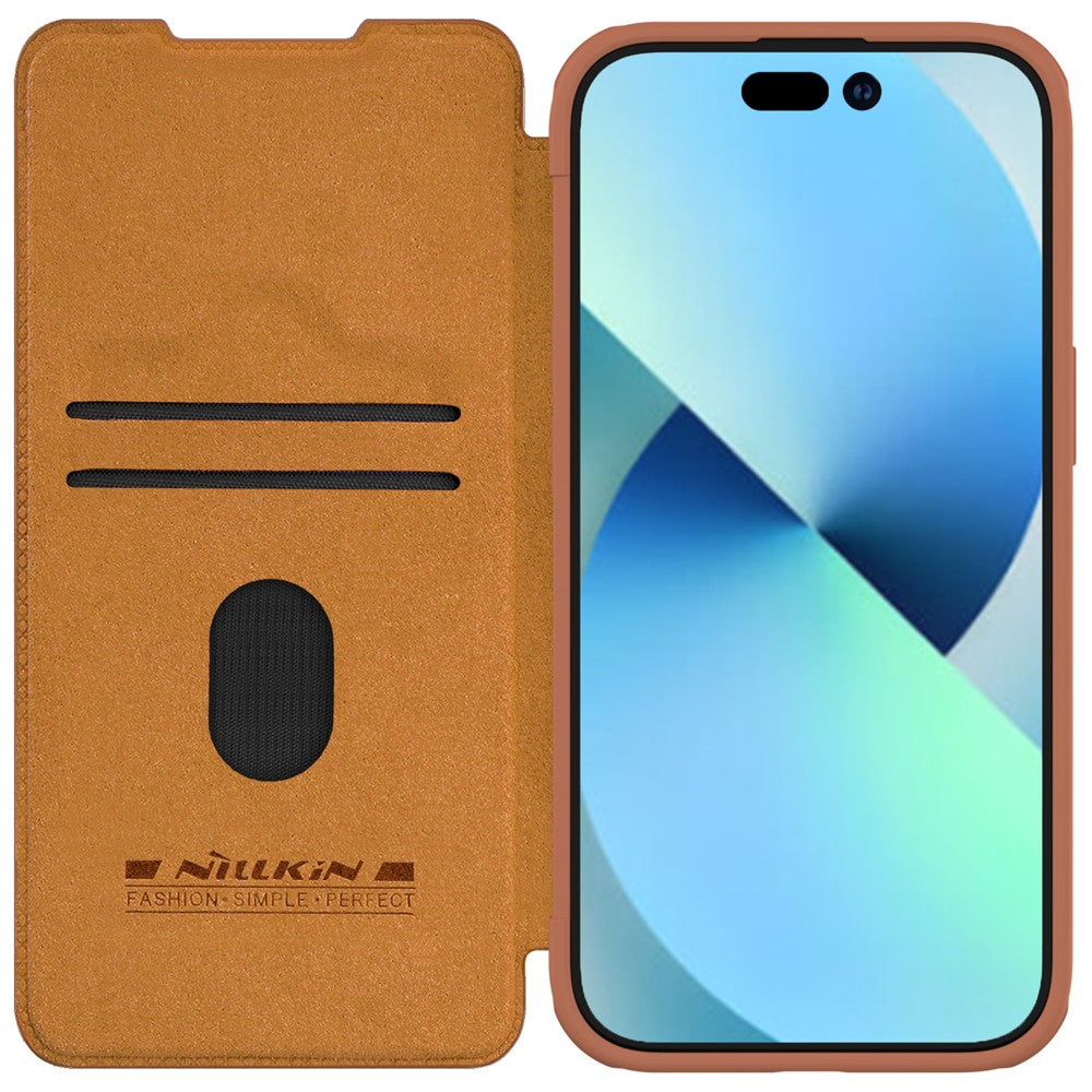 NILLKIN Qin Pro Series for iPhone 15 Plus Slide Camera Lid PU Leather Phone Case Protective Cover with Card Slot
