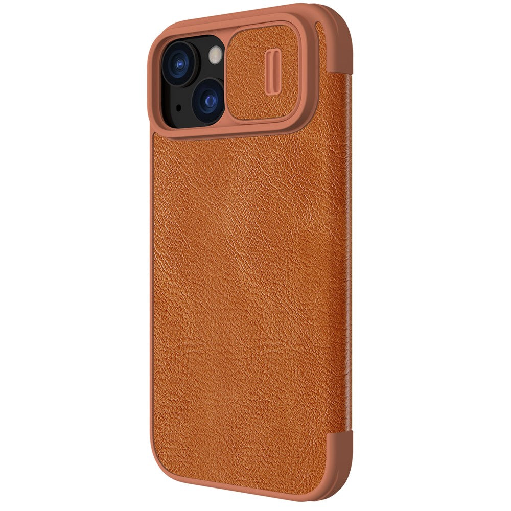 NILLKIN Qin Pro Series for iPhone 15 Plus Slide Camera Lid PU Leather Phone Case Protective Cover with Card Slot