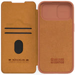 NILLKIN Qin Pro Series for iPhone 15 Plus Slide Camera Lid PU Leather Phone Case Protective Cover with Card Slot