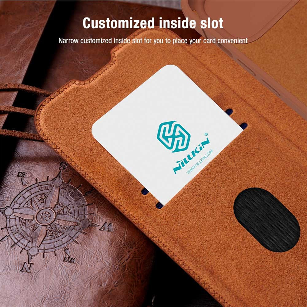 NILLKIN Qin Pro Series for iPhone 15 Plus Slide Camera Lid PU Leather Phone Case Protective Cover with Card Slot