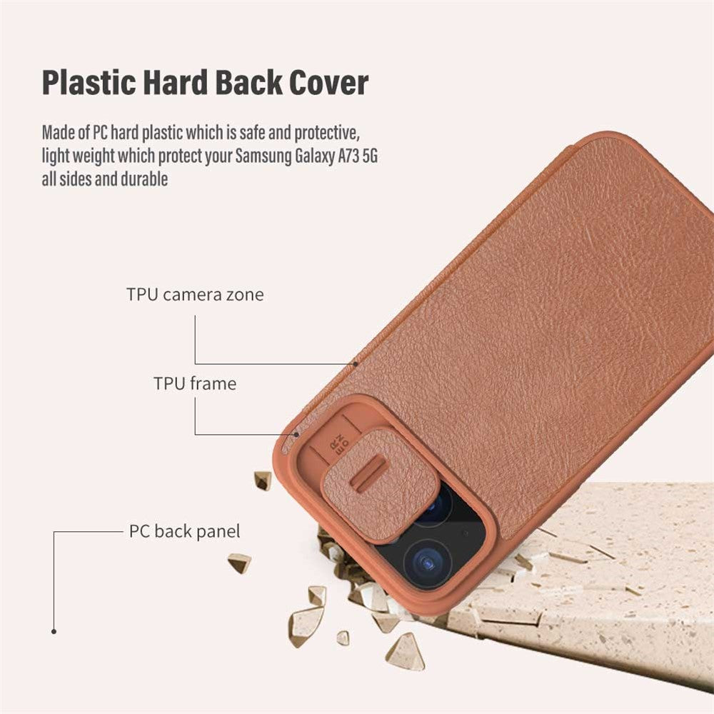 NILLKIN Qin Pro Series for iPhone 15 Plus Slide Camera Lid PU Leather Phone Case Protective Cover with Card Slot