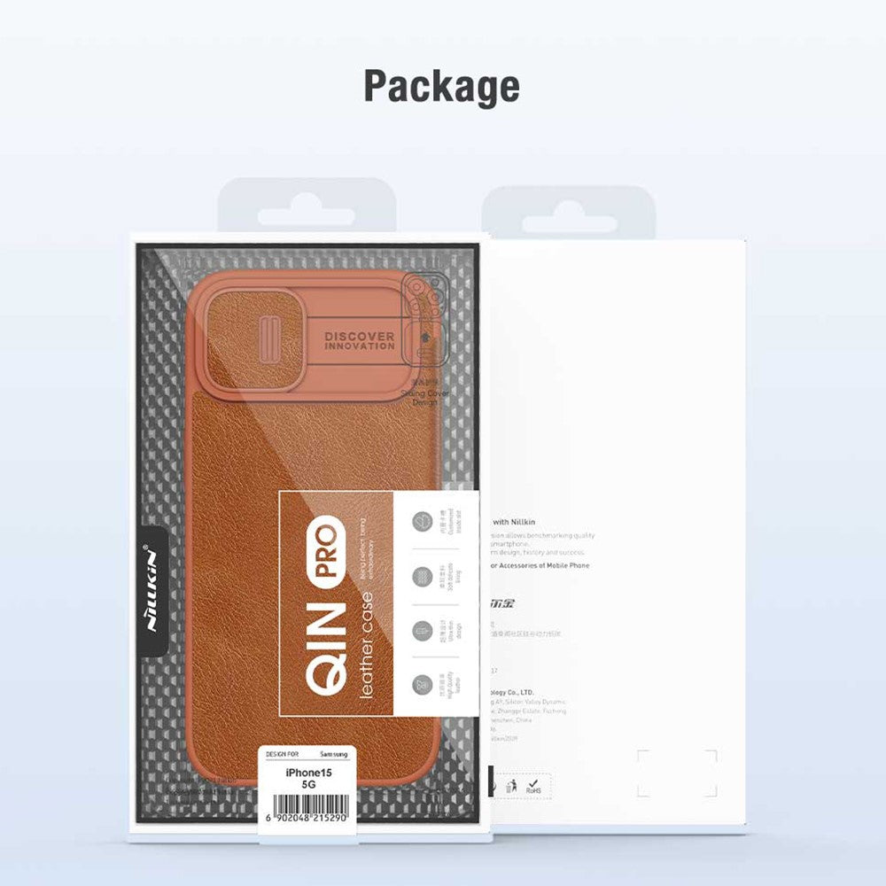 NILLKIN Qin Pro Series for iPhone 15 Plus Slide Camera Lid PU Leather Phone Case Protective Cover with Card Slot