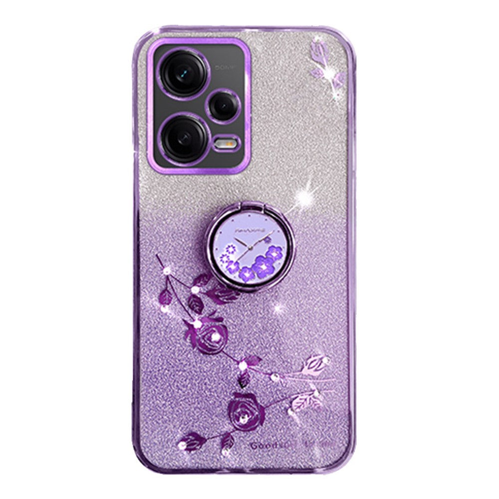 KADEM For Xiaomi Redmi Note 12 5G (Global) / Poco X5 5G Flower TPU Cover Glitter Slim-Fit Ring Kickstand Phone Shell