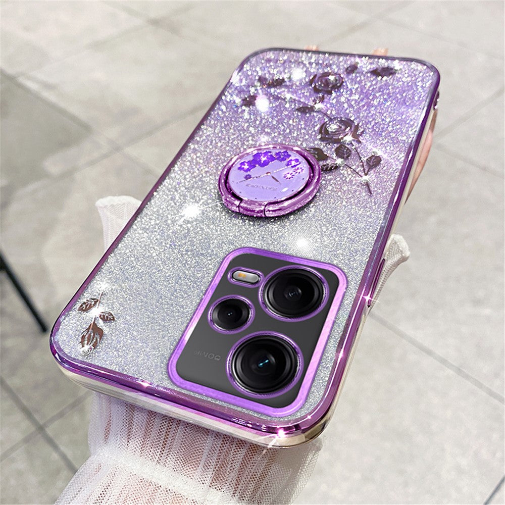KADEM For Xiaomi Redmi Note 12 5G (Global) / Poco X5 5G Flower TPU Cover Glitter Slim-Fit Ring Kickstand Phone Shell