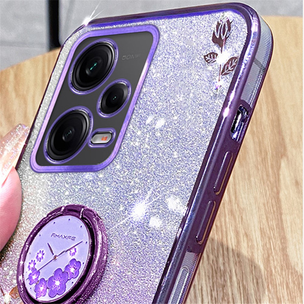 KADEM For Xiaomi Redmi Note 12 5G (Global) / Poco X5 5G Flower TPU Cover Glitter Slim-Fit Ring Kickstand Phone Shell