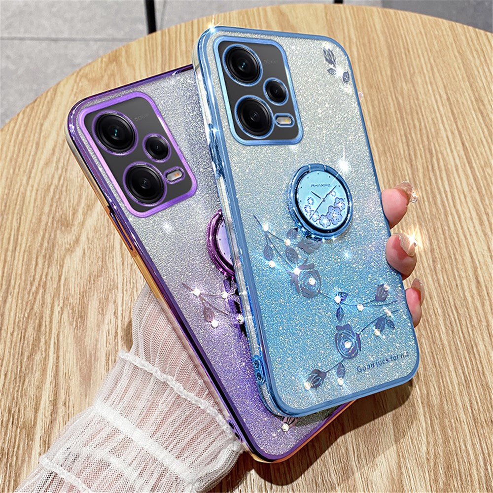 KADEM For Xiaomi Redmi Note 12 5G (Global) / Poco X5 5G Flower TPU Cover Glitter Slim-Fit Ring Kickstand Phone Shell