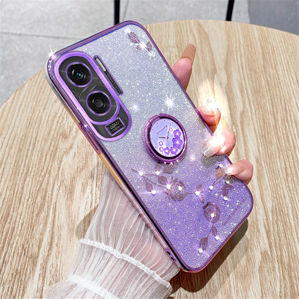 KADEM For Honor X50i 5G / Honor 90 Lite 5G Flower Decor TPU Cover Glitter Ring Kickstand Phone Case Shell