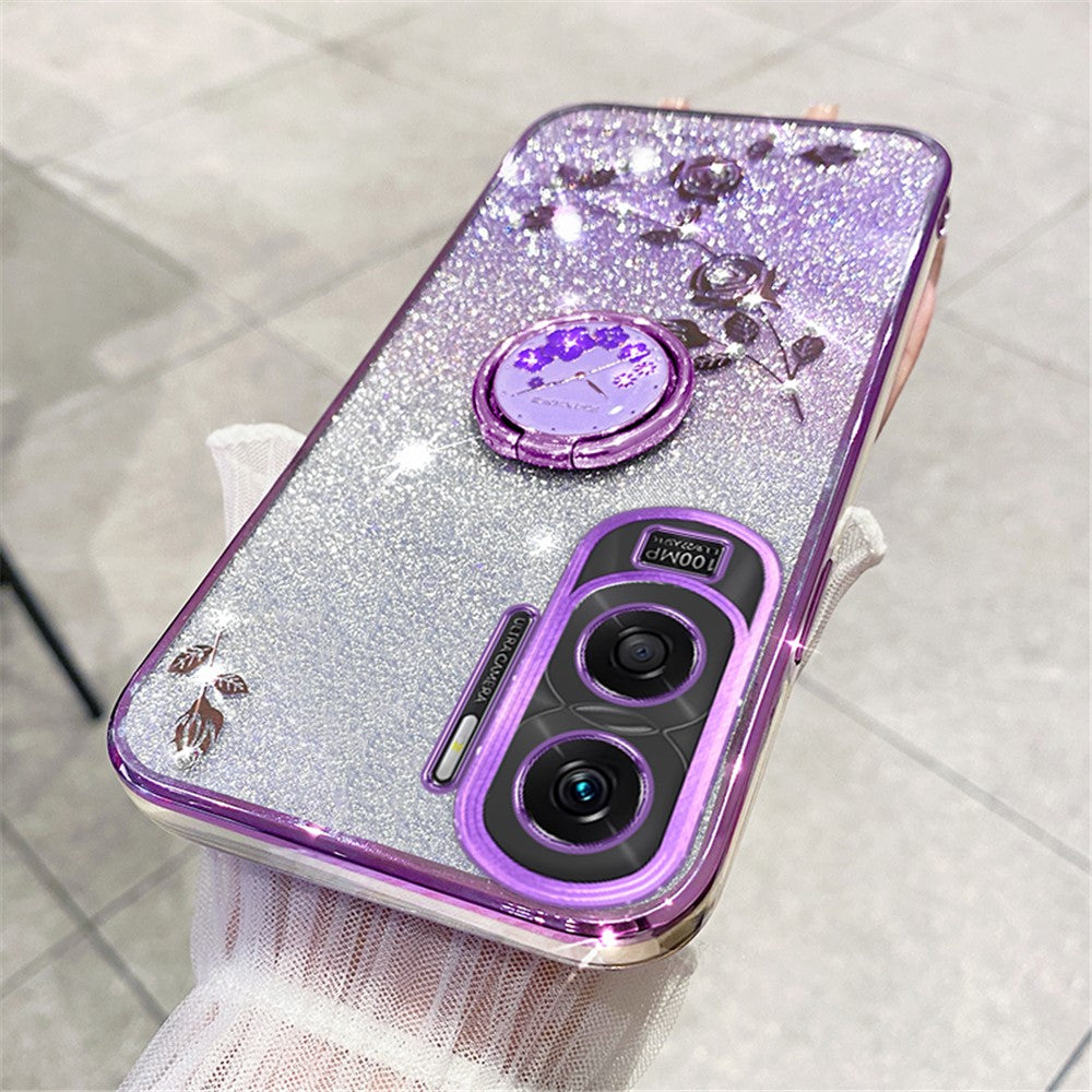 KADEM For Honor X50i 5G / Honor 90 Lite 5G Flower Decor TPU Cover Glitter Ring Kickstand Phone Case Shell