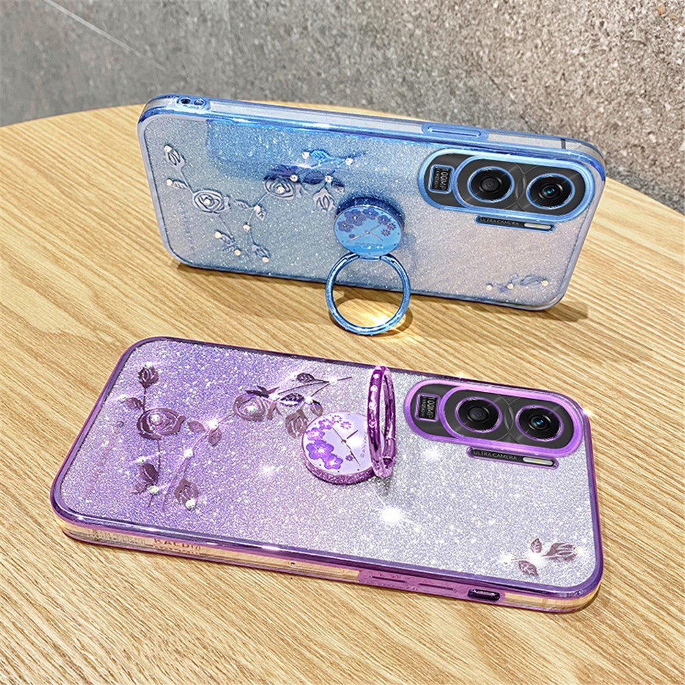 KADEM For Honor X50i 5G / Honor 90 Lite 5G Flower Decor TPU Cover Glitter Ring Kickstand Phone Case Shell