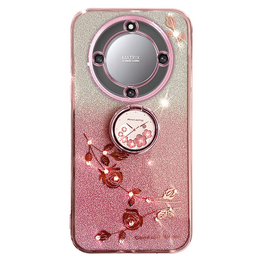 KADEM For Honor X40 5G / Magic5 Lite 5G / X9a 5G Flower Decor TPU Cover Glitter Phone Case Ring Kickstand Shell