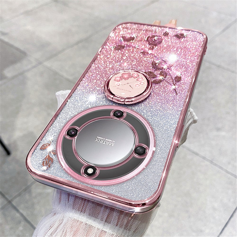 KADEM For Honor X40 5G / Magic5 Lite 5G / X9a 5G Flower Decor TPU Cover Glitter Phone Case Ring Kickstand Shell