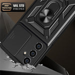 For Samsung Galaxy S23 FE Slide Lens Lid PC+TPU Phone Case Ring Kickstand Back Cover