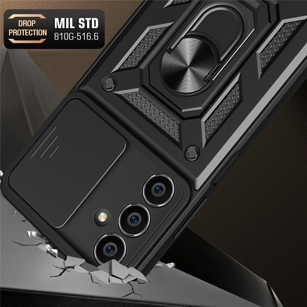 For Samsung Galaxy S23 FE Slide Lens Lid PC+TPU Phone Case Ring Kickstand Back Cover
