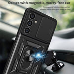 For Samsung Galaxy S23 FE Slide Lens Lid PC+TPU Phone Case Ring Kickstand Back Cover
